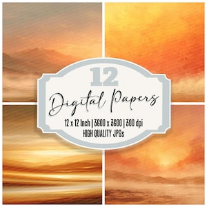 May include: A digital art collection featuring 12 high-quality JPGs. The images showcase a warm color palette with shades of orange, yellow, and brown, evoking a sunset or sunrise. The text on the image reads "12 Digital Papers, 12 x 12 Inch | 3600 x 3600 | 300 dpi, HIGH QUALITY JPGs."