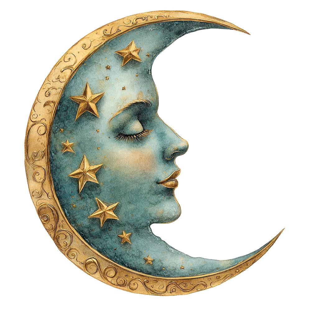 三日月　セット 三日月と顔のクリップアート、12個の月と星の水彩クリップアート