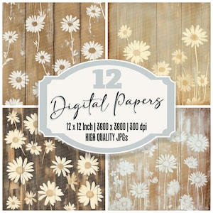 12 x Daisy Wood Junk Journal Paper Pressed Floral Digital Paper Pack Hoge kwaliteit JPG's Rustieke textuur Scrapbookpapier downloaden