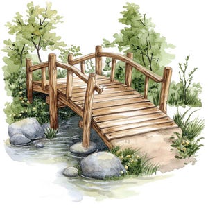 Puede incluir: Un puente de madera con una parte superior curva y barandillas, que cruza un pequeño arroyo. El puente está hecho de madera natural y tiene un aspecto rústico. El arroyo está rodeado de vegetación verde y rocas.