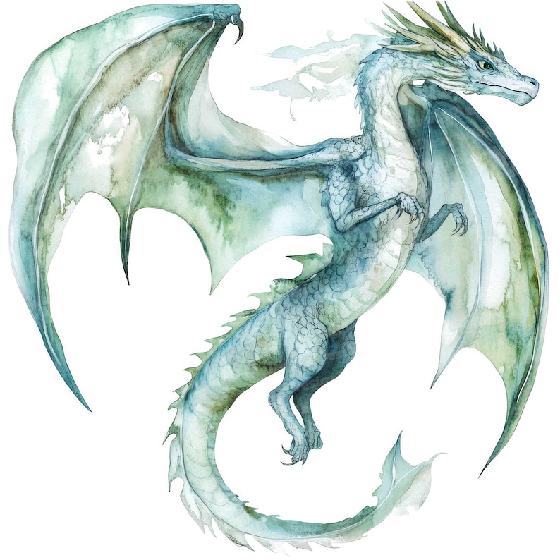 May include: A watercolor painting of a blue and green dragon with wings spread wide. The dragon has a long tail and a sharp, pointed snout.