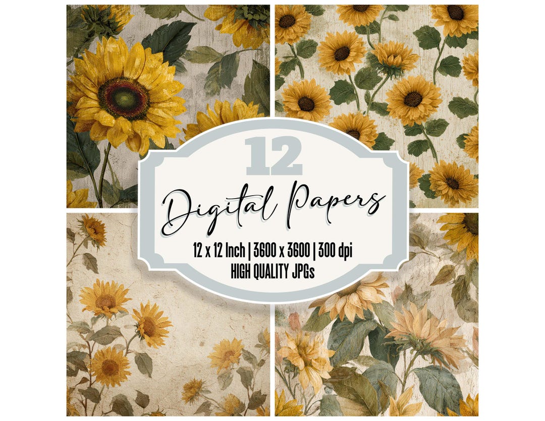 12x Vintage Sunflower Digital Paper Pack Rustic Floral Junk Journal ...