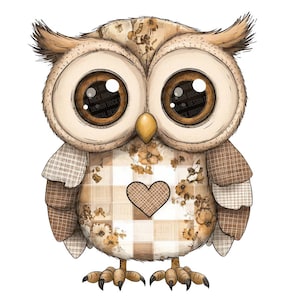Może przedstawiać: Kapryśna ilustracja sowy z dużymi, wyrazistymi oczami i naszywką w kształcie serca. Ciało sowy ma wzór patchworkowy z kwiatowymi i kratkowanymi wzorami w odcieniach brązu i beżu. Projekt cyfrowy.