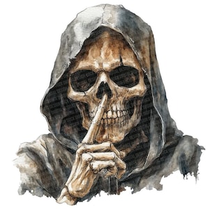 La Faucheuse PNG Clipart, 12 x squelette à capuche Clip Art, aquarelle gothique imprimable clipart, créations en papier, téléchargement numérique, Junk Journal