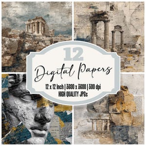 12x Athènes Collage Junk Journal Paper Marble Script Temple Paquet de papier numérique JPG de haute qualité arrière-plans de texture ancienne