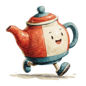 Puede incluir: Ilustración en acuarela de una tetera alegre con cuerpo rojo y blanco, asa y tapa azules. La tetera tiene una cara sonriente y está representada con piernas y zapatos, como si estuviera caminando.