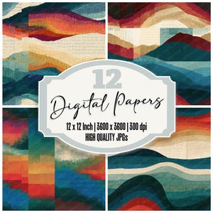 May include: A collection of 12 digital papers featuring abstract landscape designs with layered waves in shades of red, orange, blue, and cream. The text reads 12 Digital Papers, 12 x 12 Inch, 3600 x 3600, 300 dpi, and HIGH QUALITY JPGs.