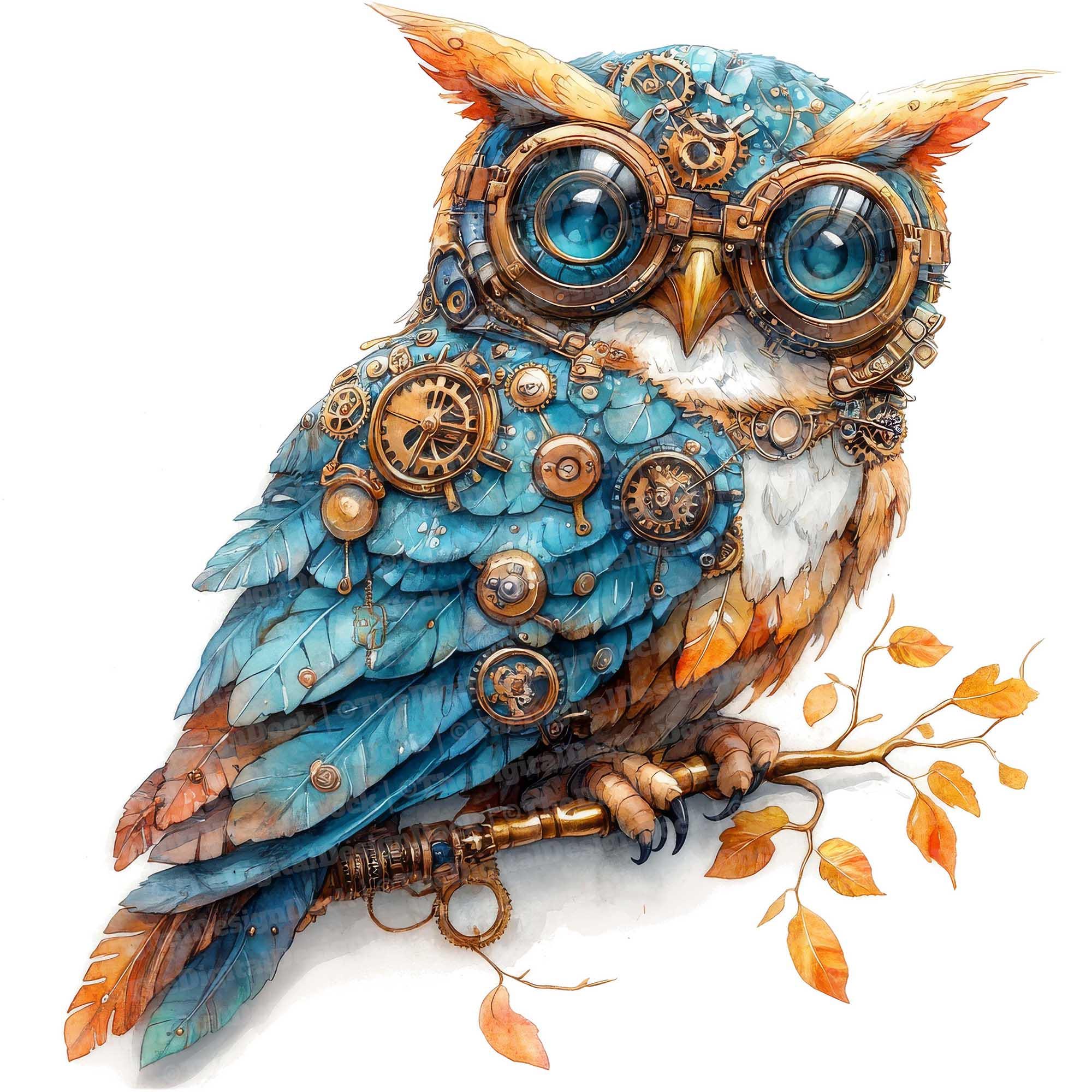 12 Steampunk Owl Clipart, Watercolor Mechanical Animal, Printable Watercolor Clipart, Paper Crafts,