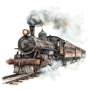 Vintage Train PNG Clipart, 12x Steam Locomotive Illustrations, Printable Railroad Clip Art,Digital Download,Junk Journal Bundle,Paper Crafts