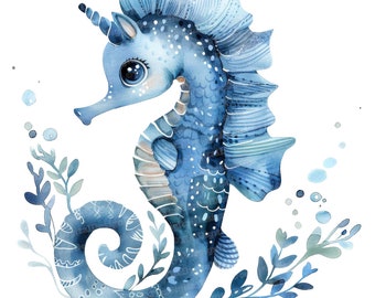 May include: A watercolor painting of a blue seahorse with a white horn and a blue and white patterned tail. The seahorse is surrounded by blue and green watercolor leaves.