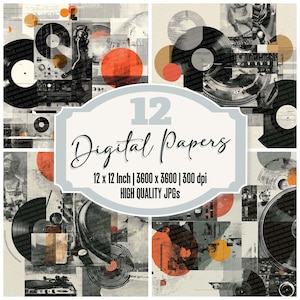 Könnte beinhalten: Eine digitale Collage mit Schallplatten, Plattenspielern und abstrakten Formen in Schwarz, Weiß, Orange und Beige. Das Bild enthält den Text "12 Digital Papers" sowie Details zu Papiergröße und Auflösung.