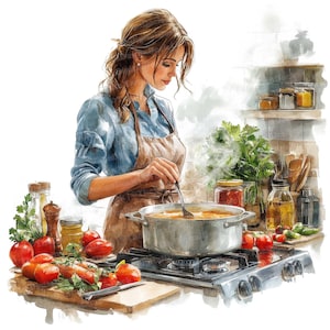 12 Mulher Cozinhando Clipart, Ilustração De Cozinha Em Aquarela, Clipart Para Imprimir, JPG De Alta Qualidade, Download Digital, Artesanato Em Papel, Diários De Lixo