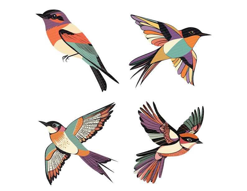 Folk Fabric Swallow Clipart, 12x Colorful Birds Clip Art Set, Printable ...