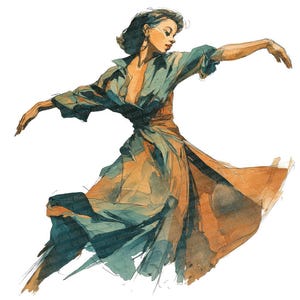 May include: Watercolor illustration of a woman in a flowing dress, arms outstretched in a dance pose. The dress is a mix of teal and orange hues, with a loose, open neckline. The artwork has a soft, artistic style.