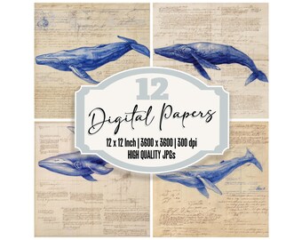 12x Sketch Blue Whale Junk Journal Paper Marine Digital Paper Pack Vintage Scrapbook Paper High Quality JPGs Distressed Texture