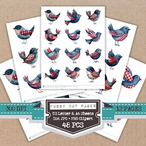 May include: Sheets of paper with watercolor illustrations of birds in various poses. The birds feature blue, red, and white patterns. The image includes text that reads "Fussy Cut Pages", "US Letter & A4 Sheets", "Inc. JPG + PNG Clipart", "48 PCS", "12 PAGES", and "300 DPI".
