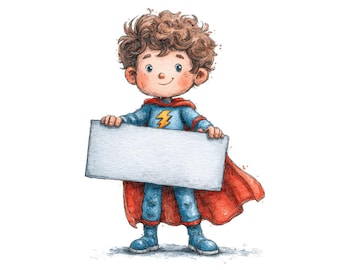 12x Superhero Boy PNG Clipart, Boys Holding Banner Clip Art Set, Printable Watercolor Clip Art, Digital Download, Transparent PNG, JPG Files