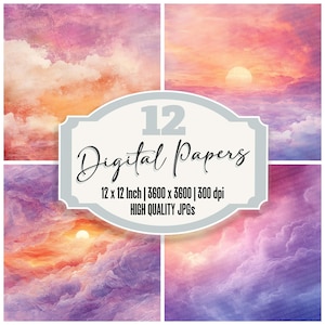 12x Sunset Cloud Junk Journal Paper Dreamy Sky Digital Paper Pack Pastel Achtergronden Hoge kwaliteit JPG's Scrapbook downloaden