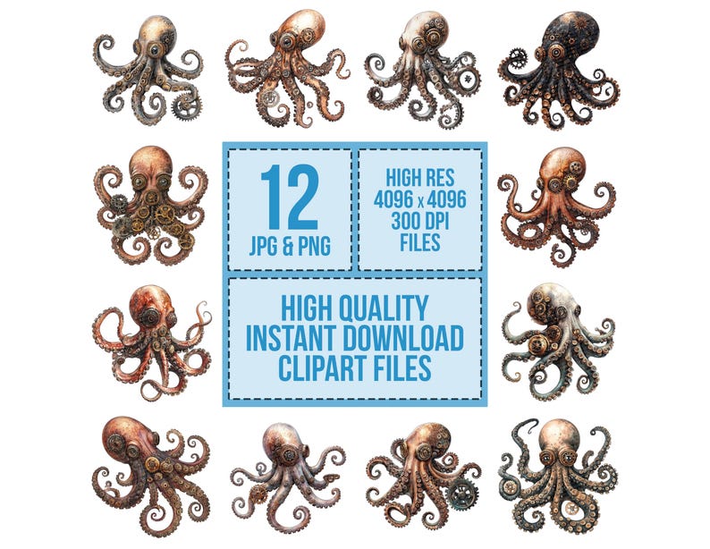 Steampunk Octopus PNG-clipart, 12 x mechanische Kraken-illustraties, afdrukbare aquarel koppotigen illustratie, Paper Crafts, digitale download afbeelding 3