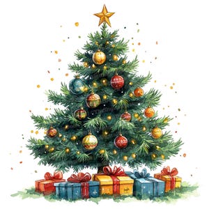 12 Weihnachtsbaum Clipart, Aquarell geschmückter Baum mit Geschenken, printable Clipart, hochwertige JPGs, digitaler Download, Papierhandwerk