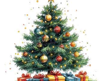 12 Christmas Tree Clipart, Watercolor Decorated Tree with Gifts, Printable Clipart, High Quality JPGs, Digital Download, Paper Crafts