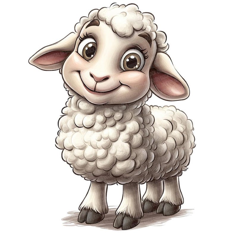 May include: A white cartoon lamb with brown eyes and a fluffy white coat. The lamb is smiling and looking to the left.