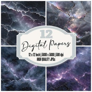 May include: A digital art collection featuring four abstract designs with a dark, textured background and a nebula-like effect in shades of purple, blue, and white. The image includes the text "12 Digital Papers" and details about the size and resolution.