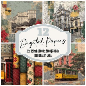 12 paquetes de papel digital para diario con collage de Lisboa, papel de tranvía, textura de mosaico, tema de fado, archivos JPG de alta calidad, fondo de viaje vintage