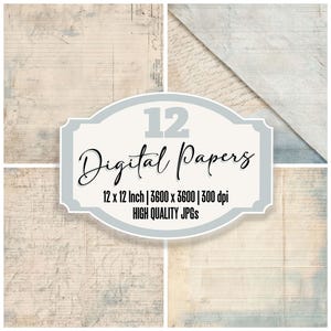 May include: A collage of four digital paper designs with a vintage aesthetic. The papers feature a mix of beige, blue, and white tones, with subtle textures and aged paper effects. A central label reads "12 Digital Papers" with dimensions and quality details.