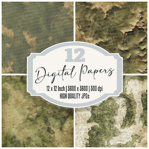 12x Olive Map Junk Journal Paper, Vintage Adventure Digital Paper Pack, Topographic Background, High Quality JPGs, Scrapbook Paper, Maps