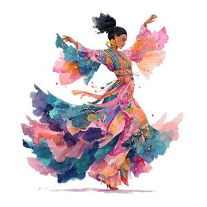Op de afbeelding: Waterverfillustratie van een vrouw die danst in een zwierige jurk. De jurk heeft levendige kleuren, waaronder roze, blauw, oranje en goud. De vrouw heeft donker haar en draagt gouden oorbellen. De afbeelding heeft een grillige en artistieke stijl.