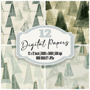 May include: A collection of 12 digital papers featuring a repeating pattern of abstract shapes in shades of green, beige, and brown. The papers are 12 x 12 inches and 3600 x 3600 pixels, with a resolution of 300 dpi. The image includes the text "Digital Papers".