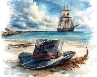 12 Pirate Hat on Beach Clipart, Watercolor Pirate Ship Art, Printable Clipart, Pirate Clipart, Digital Download, Scrapbooking, Junk Journals