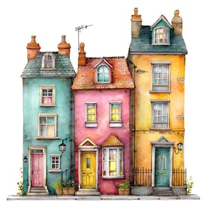 Peut inclure: Illustration à l'aquarelle de trois maisons de ville colorées. Les bâtiments sont peints dans des tons de turquoise, de rose et de jaune, avec des fenêtres, des portes et des cheminées détaillées. Idéal pour la décoration intérieure.
