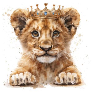 Lion Cub Clipart, 12x Crowned Jungle Animal Art Set, Printable Watercolor Clip Art, Digital Download, Transparent Background PNG, Nursery