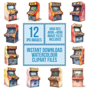 Vintage Arcade Machine Clipart, Retro Gaming Watercolor, Printable ...