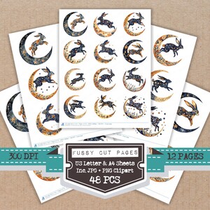 Peut inclure: Feuilles de papier avec des illustrations à l'aquarelle de lapins sautant au-dessus de croissants de lune et d'étoiles. L'image comprend le texte "Fussy Cut Pages", "US Letter & A4 Sheets", "Inc. JPG + PNG Clipart", "48 PCS", "12 PAGES", et "300 DPI".