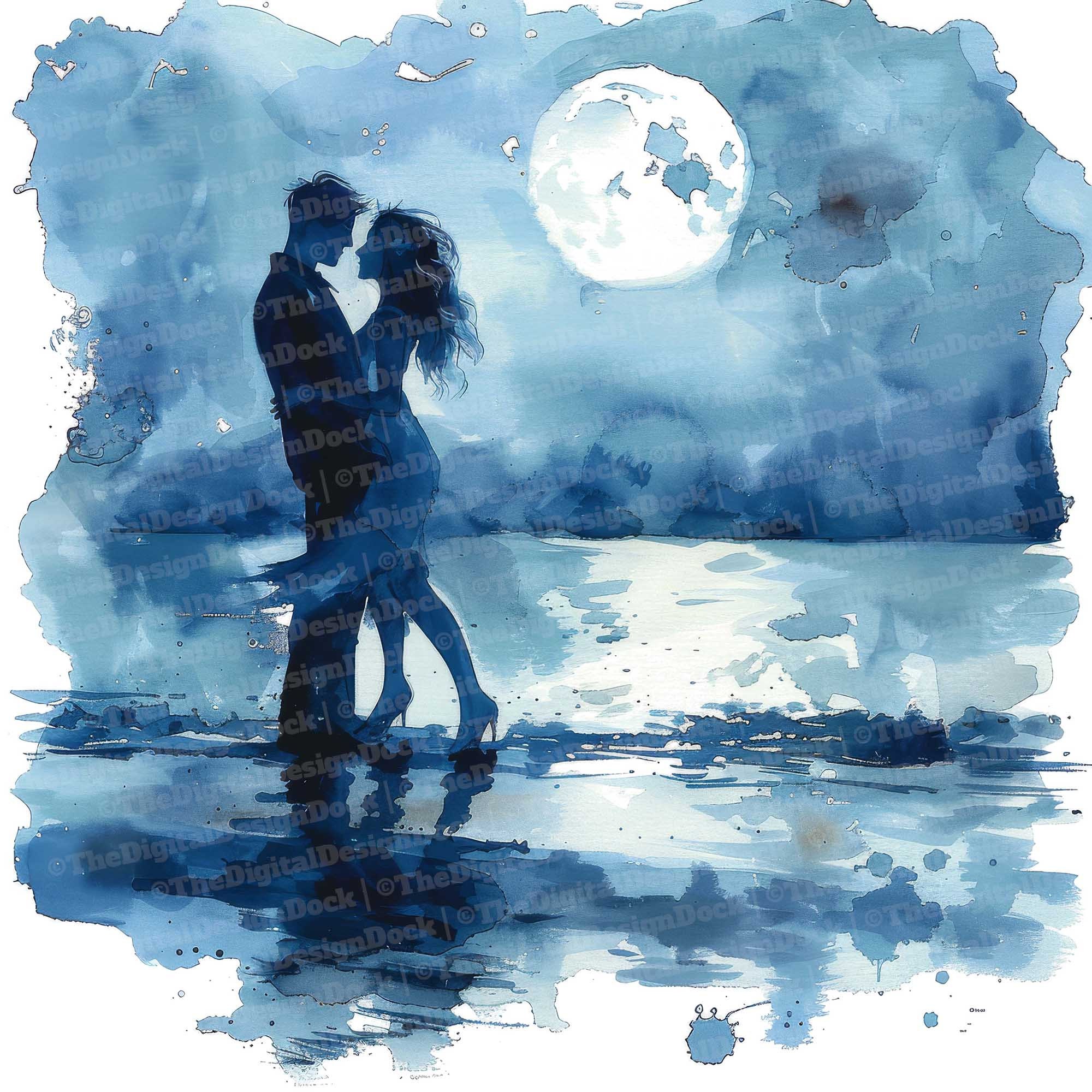 Couple Moonlight Clipart, 12 JPGs, Couple Beach at Night, Printable Watercolor Clipart, Wall Art, Digital Download, Junk Journals, Graphics