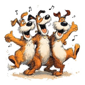 May include: A whimsical illustration of three cartoon dogs singing and dancing. The dogs are brown and white with expressive faces, arms raised, and musical notes floating around them. The image has a playful, joyful theme.