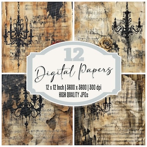Könnte beinhalten: Set mit 12 digitalen Papieren mit Vintage-Ästhetik, einem schwarzen Kronleuchter, Noten und einer verblassten Rose auf einem strukturierten Hintergrund. Jedes Papier ist 30,5 x 30,5 cm groß und hat eine Auflösung von 3600 x 3600 Pixel bei 300 dpi.