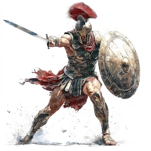 12 Clipart di guerrieri spartani, guerrieri con scudo e spada, acquerelli stampabili, creazioni di carta, arte murale, download digitale, gladiatore