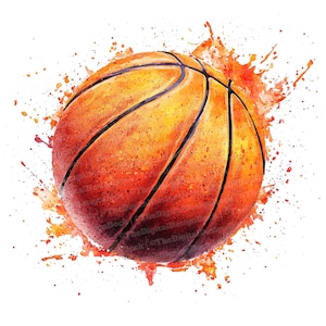 Clipart basket-ball, 12 aquarelles art ballon de sport, JPG imprimables de haute qualité, téléchargement numérique, Images de scrapbooking, éclaboussures de ballon de basket-ball