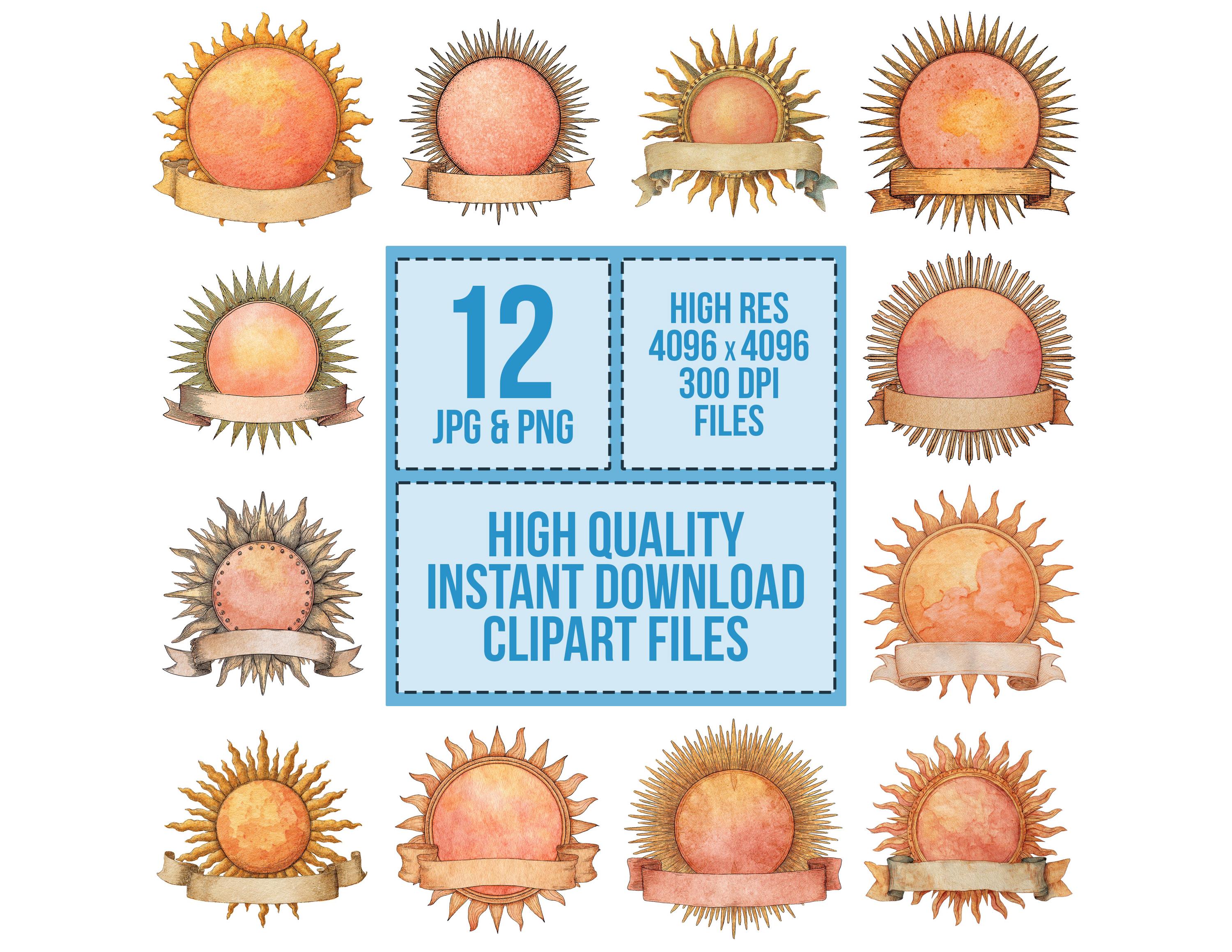 12x Celestial Banner PNG Clipart, Sun Label Clip Art Set, Printable ...