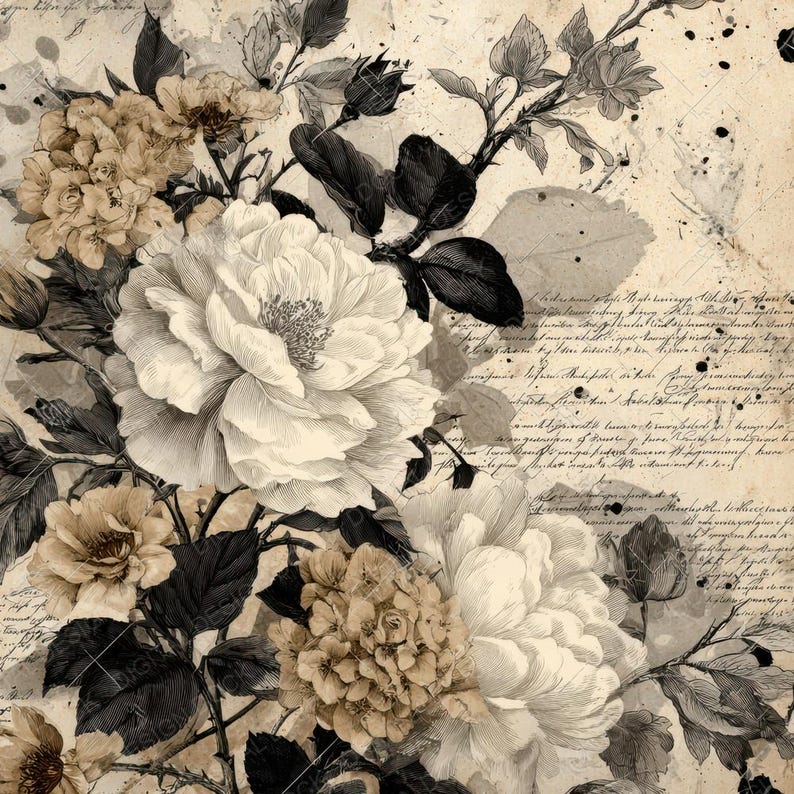 12x Gothic Botanical Junk Journal Paper Sepia Vintage Floral Digital ...