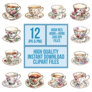 May include: Twelve watercolour illustrations of teacups and saucers with floral patterns. The teacups are filled with tea and the saucers have gold trim. The illustrations are high resolution and perfect for digital projects.