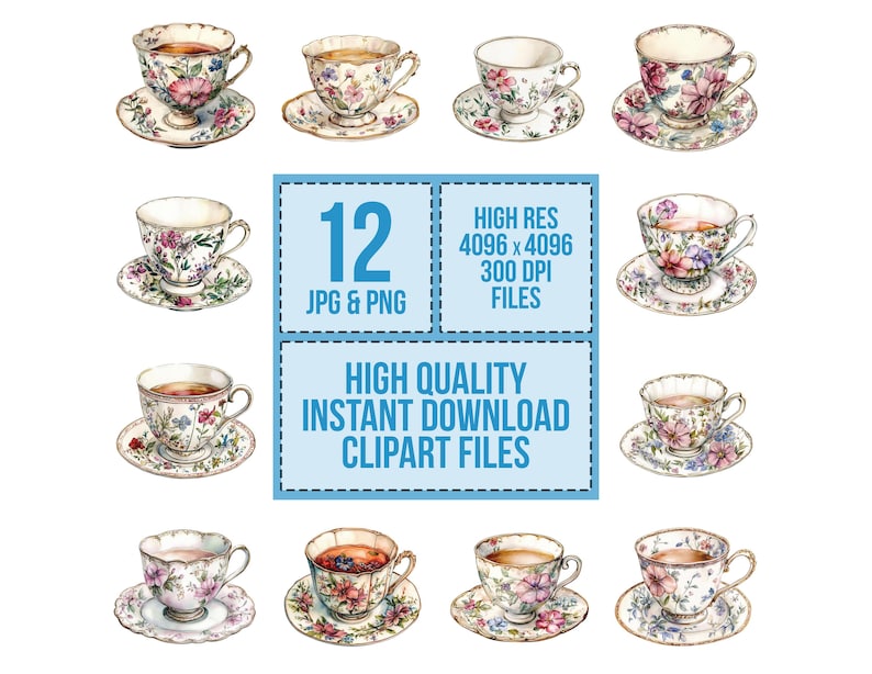 May include: Twelve watercolour illustrations of teacups and saucers with floral patterns. The teacups are filled with tea and the saucers have gold trim. The illustrations are high resolution and perfect for digital projects.