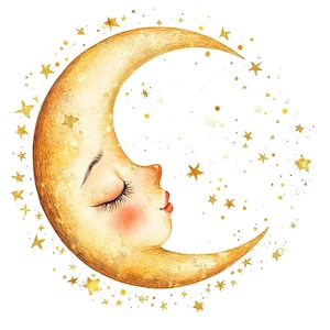 Croissant de lune Clip Art, 12 x lune et étoiles PNG Clipart, clipart aquarelle imprimable, téléchargement numérique, PNG transparent