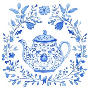 Può includere: Illustrazione ad acquerello di una teiera blu e bianca con motivi floreali. La teiera è circondata da una ghirlanda di foglie e fiori blu. Il design ricorda la porcellana classica, su sfondo bianco.
