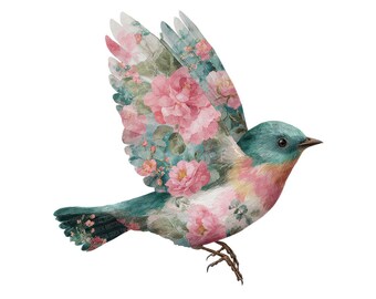 Clipart PNG z kwiatowym ptakiem, 12 klipartów akwarelowych z tkaniny z ptakami, przezroczyste pliki PNG, pliki do druku, cyfrowy album, dziennik śmieci