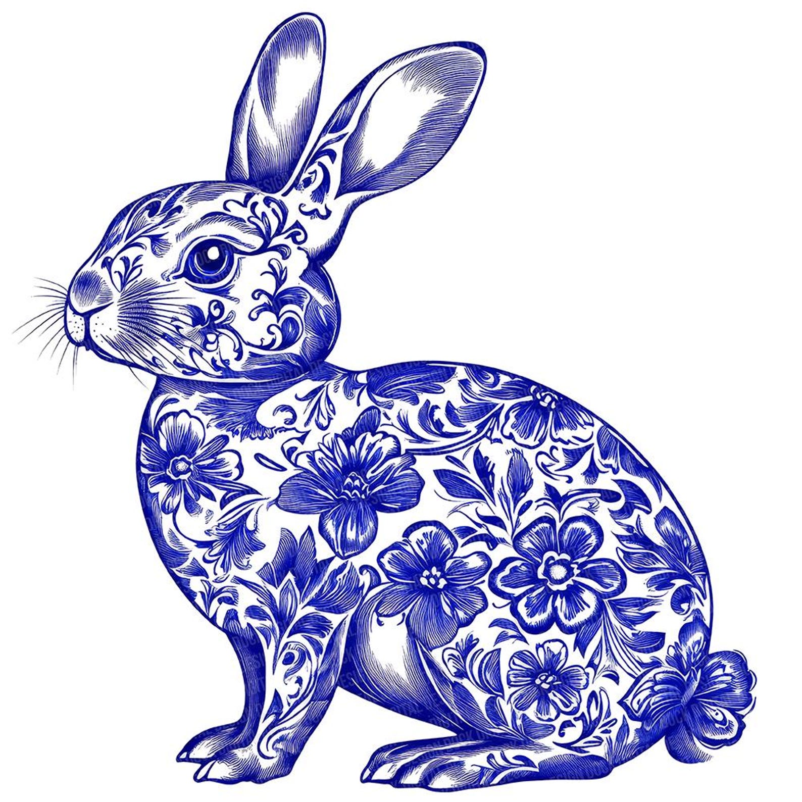 Delft Blue Rabbit Clipart, 12x Watercolor Bunny PNG Set, Floral Rabbit ...